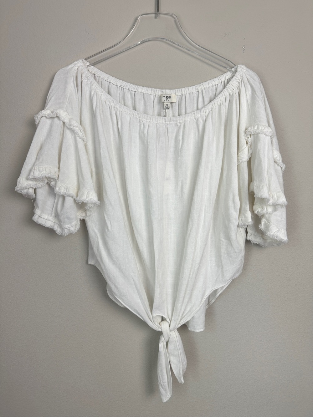 Umgee Off Shoulder Fringe Bell Sleeve Tie Front White Top Size Medium NWT Boho
